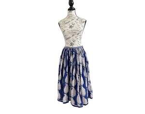Matta Blue White Floral Block Print Boho Midi Skirt Elastic Waist Cotton S
